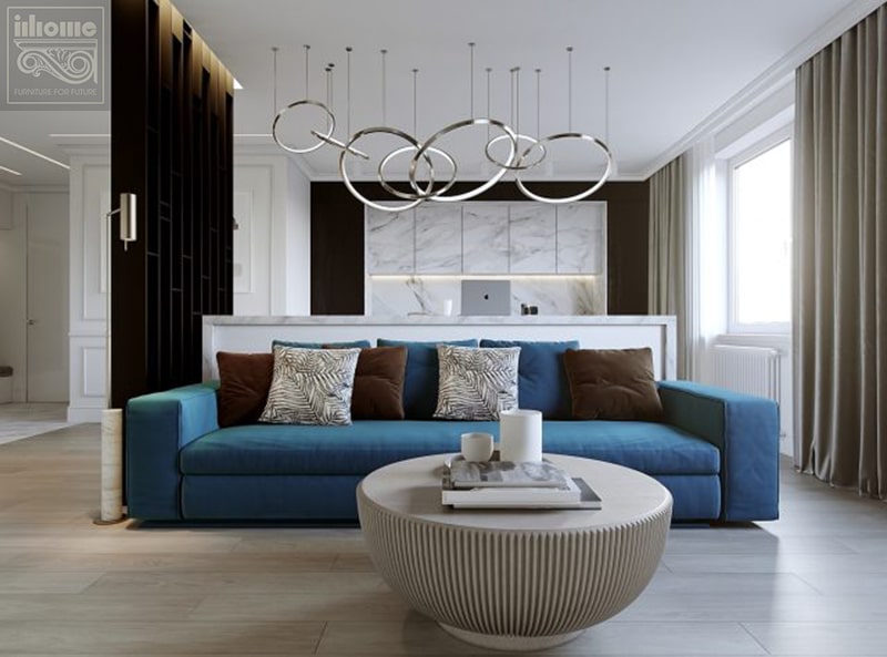 Thiết kế phòng khách ấn tượng với Sofa xanh ngọc nổi bật trên phông nền trắng