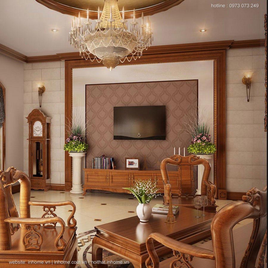Thiết kế nội thất phòng khách bằng gỗ hiện đại, sang trọng